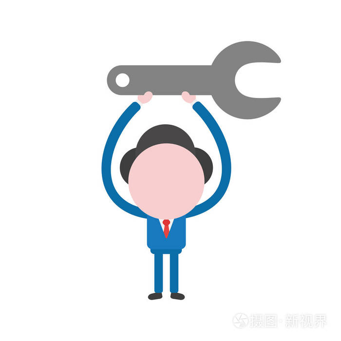 矢量插图商人字符举起灰色扳手图标.