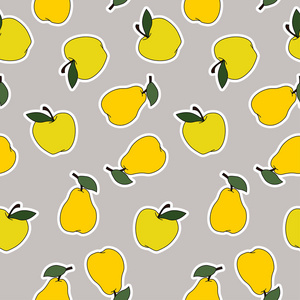 苹果和梨的标志梨和苹果贴纸矢量无缝图案. 灰色背景矢量卡通插图.