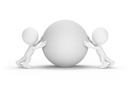 3d白种人推动空白球体的人类角色有吸引力的健身妇女做推球.