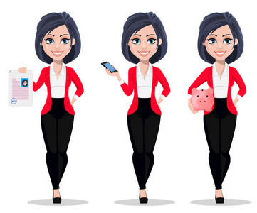 卡通人物持有合同持有智能手机和持有储蓄罐. 矢量插图插画