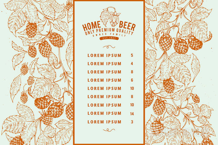 啤酒菜单设计模板.复古啤酒的背景.矢量手绘跃点插图.复古风格横幅