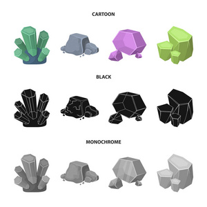 珍贵矿物和珠宝商设置收集图标在卡通黑色单色风格矢量符号股票插图.