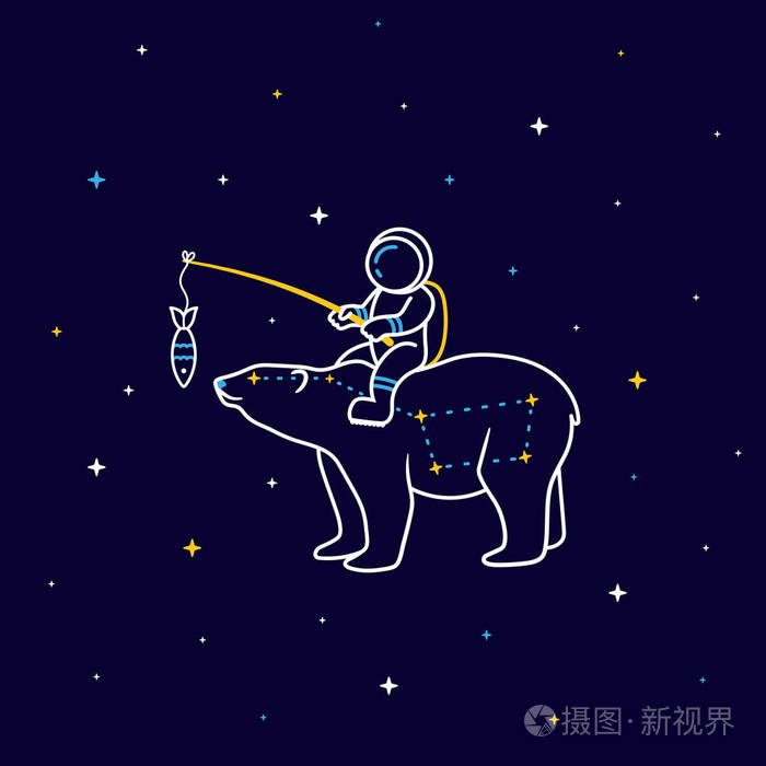 有趣的卡通宇航员坐在一只大熊的星座上,周围的星星呈线性风格插画