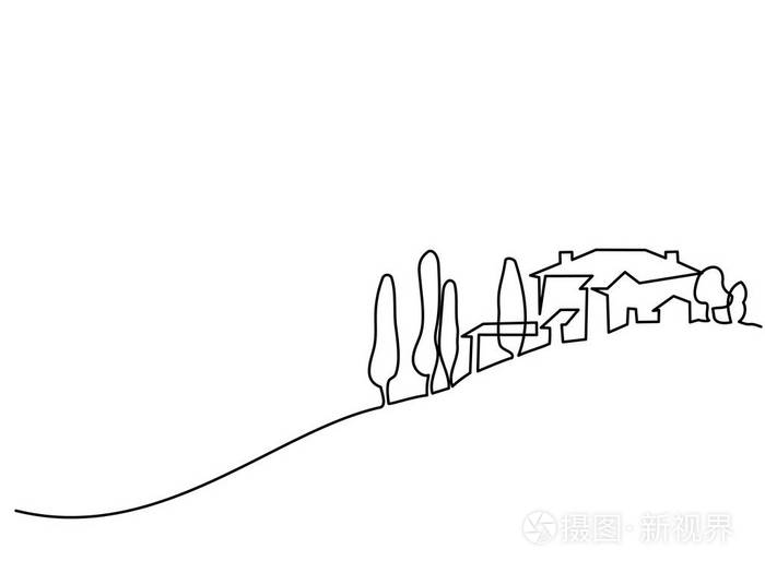 风景与村庄在山上插画-正版商用图片1sbsdm-摄图新视界