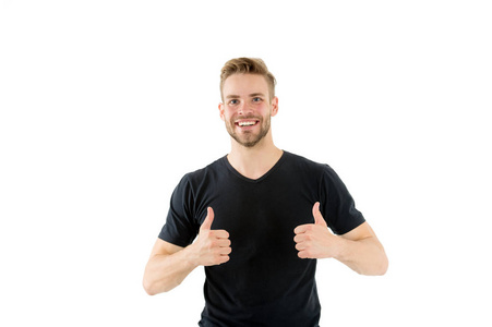 男人胡子快乐的脸上显示竖起大拇指, 白色背景.