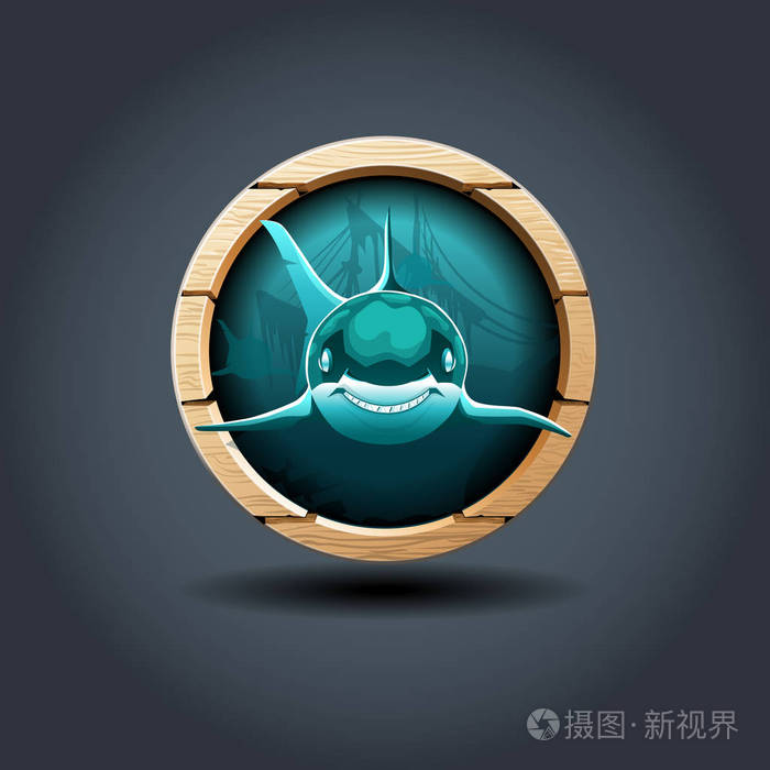 鲨鱼木制圆形徽章图标。 为了UI游戏。