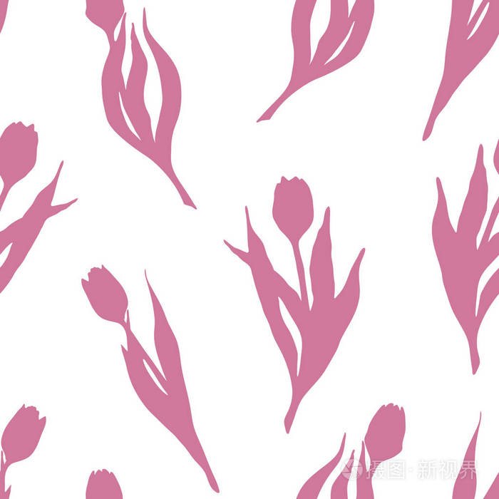 郁金香春花剪影粉红色无缝图案纹理背景壁纸矢量