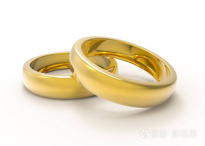 两个3D婚礼金色戒指上反射白色桌子。3D插图和渲染..已婚概念