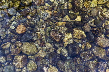 在清澈的河水下,河底的圆石照片