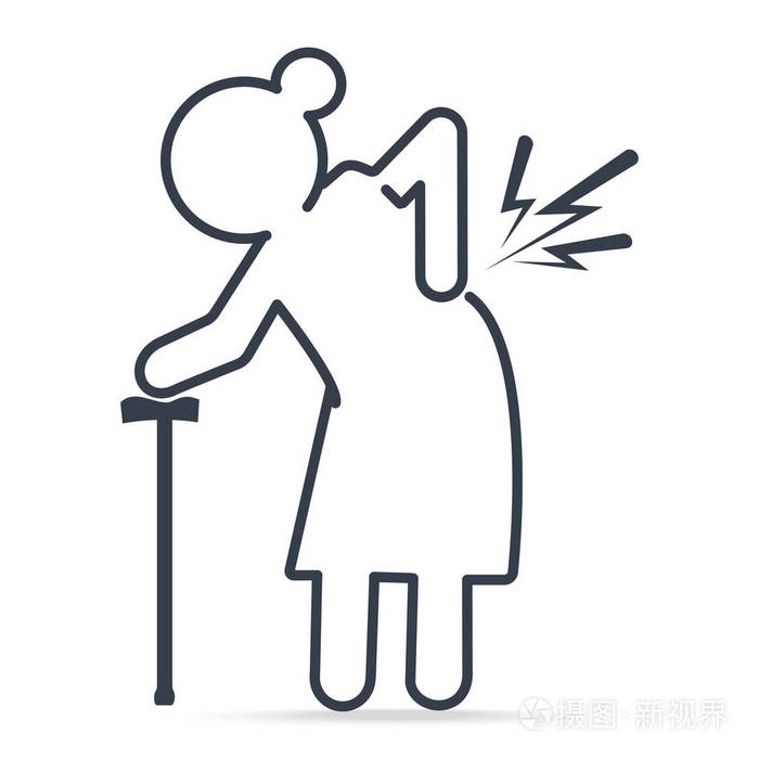 老年妇女用棍棒和背部疼痛图标医疗标志简单线图标矢量插图