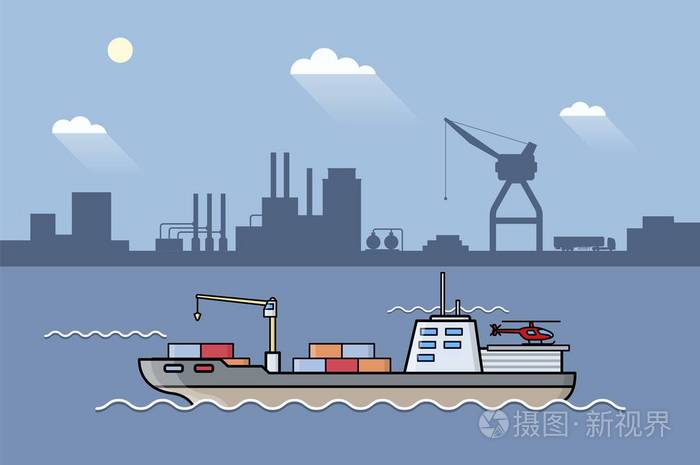 插画 一套商用货船.海上运输车.水上物流.运输船.eps