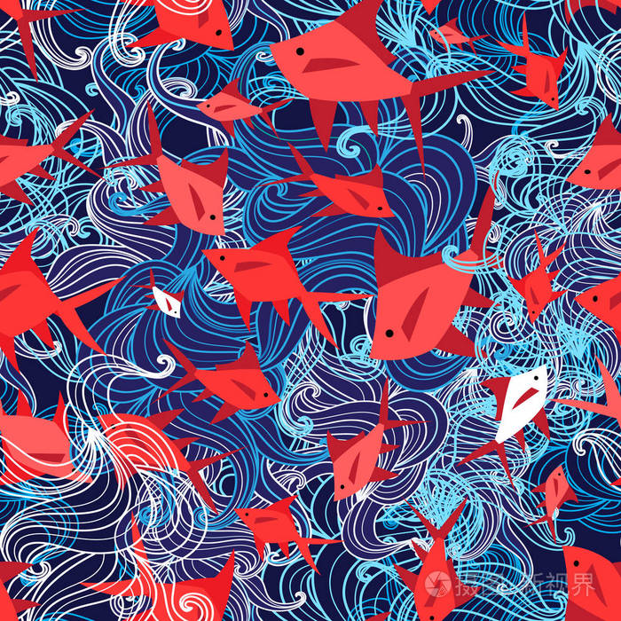 蓝色背景上的红色鱼无缝明亮的海洋图案