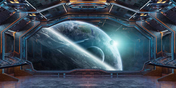 蓝色和橙色宇宙飞船内部,可以看到遥远的行星系统,3d渲染元素,这幅