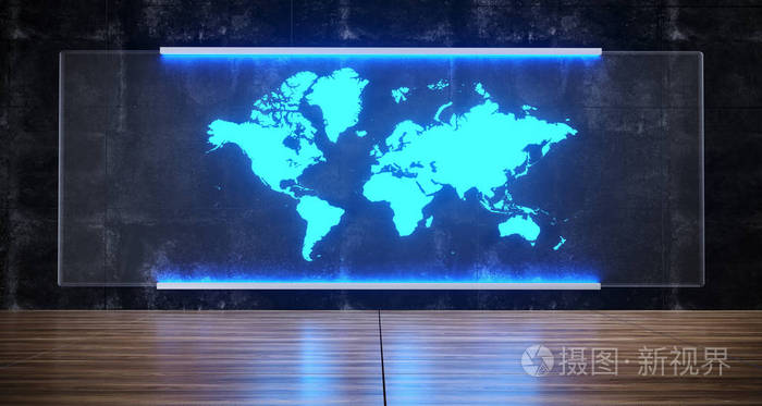 未来科学-fi人工智能概念世界地图全息混凝土墙玻璃与地板反射三维