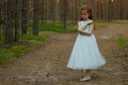 穿着公主裙的小情感女孩在夏天的森林里自然轻盈照片