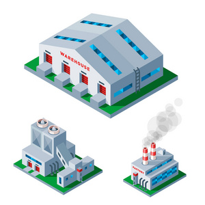 等距工厂建筑图标工业元件仓库架构房子矢量插图照片