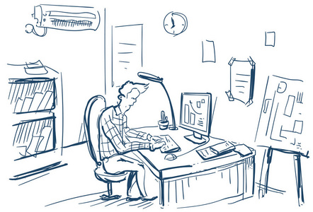 商人坐在办公桌财务分析图硬工作过程概念, 商务人素描涂鸦白色背景