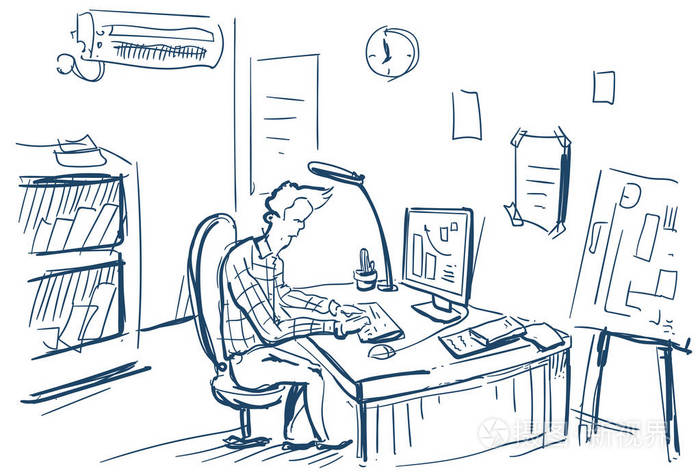 插画 商人坐在办公桌财务分析图硬工作过程概念, 商务人素描涂鸦白色