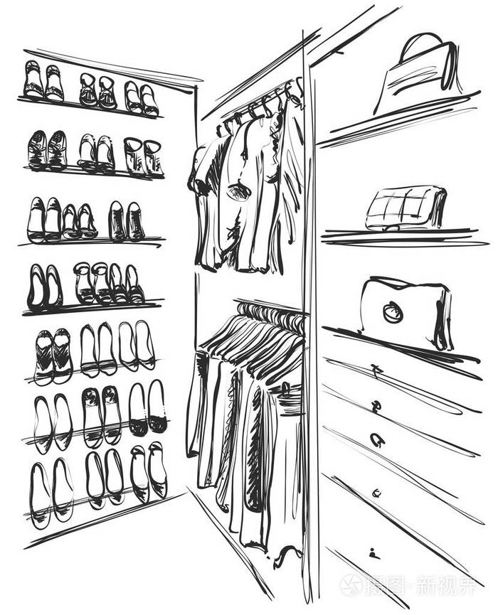 手绘衣柜素描.家具.衣服, 手提包和鞋子.衣服.更衣室