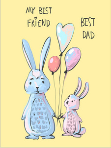 可爱的兔子爸爸和小兔儿子插图, 父亲节或友情天卡通风格打印, 有趣的