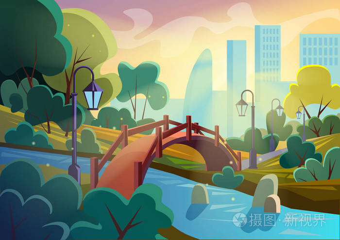 明亮的矢量图像的夏季卡通公园与桥梁跨越小河,在闪闪发光的城市背景