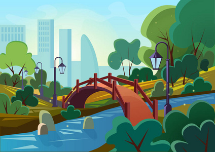 矢量卡通插图一个美丽的夏季公共城市公园与桥梁和河流在日出的早晨