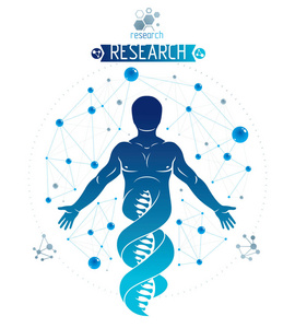 人类运动员的矢量插图被描述为dna符号的延续,并用线框连接创建.