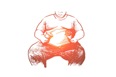 男人和一个大肚皮与单词如何减掉腹部脂肪胖男人用上白色孤立的腹部