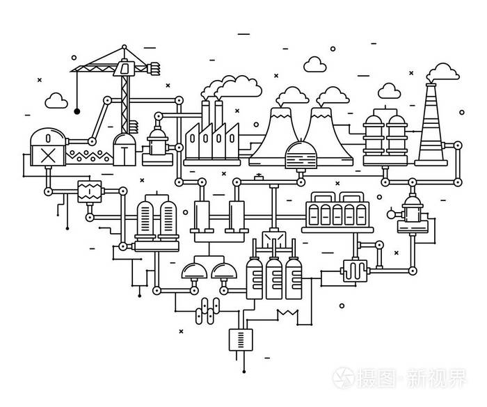 工业工厂技术过程与生态学概念.细线.平坦的风格.线条艺术
