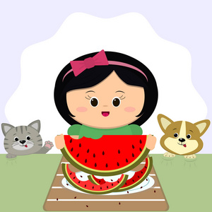 卡通吃西瓜女孩图片