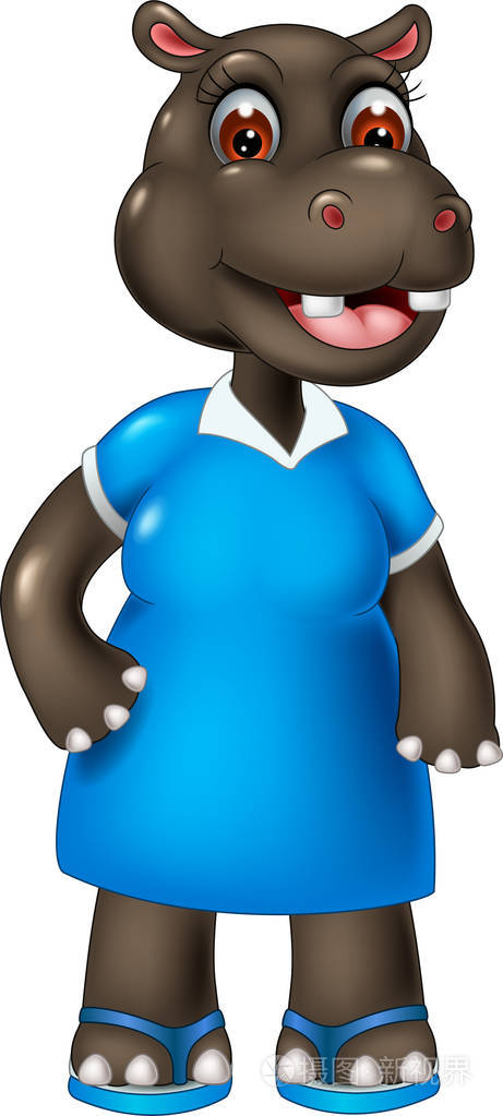 美丽的河马卡通人物微笑着站着挥手