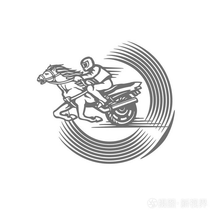 在马, 摩托车和题字的骑士标志与骑手
