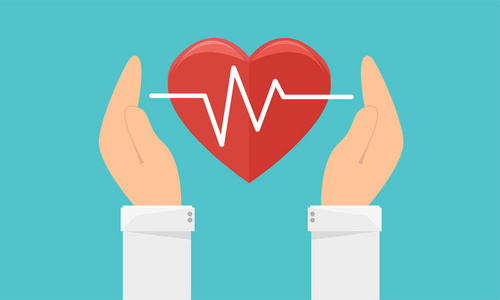 手拿着心脏和脉搏符号. 平面矢量插图.插画