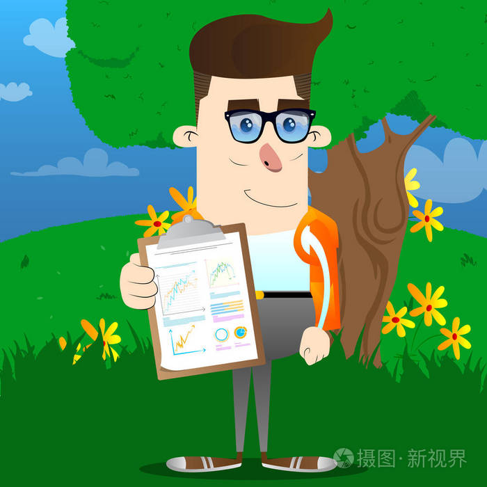 男生展示财务报告. 矢量卡通人物插图.