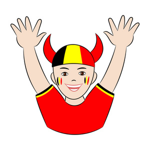 比利时国家队热情洋溢的足球迷举起双手,为胜利而欢欣鼓舞照片