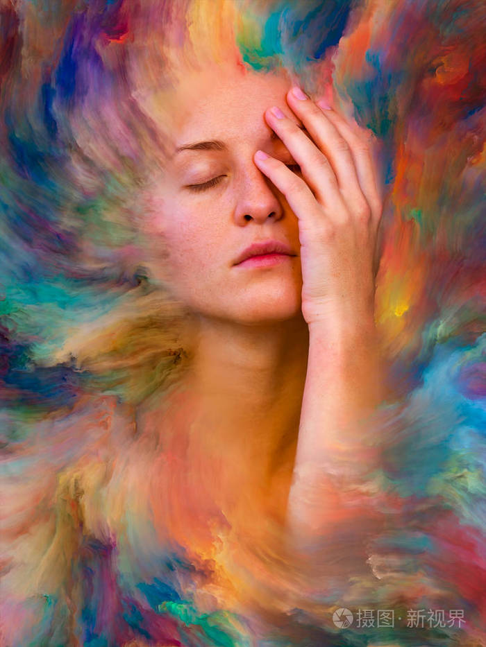 女性肖像的视觉愉悦的构图,融合了充满活力的绘画,用于情感,情感