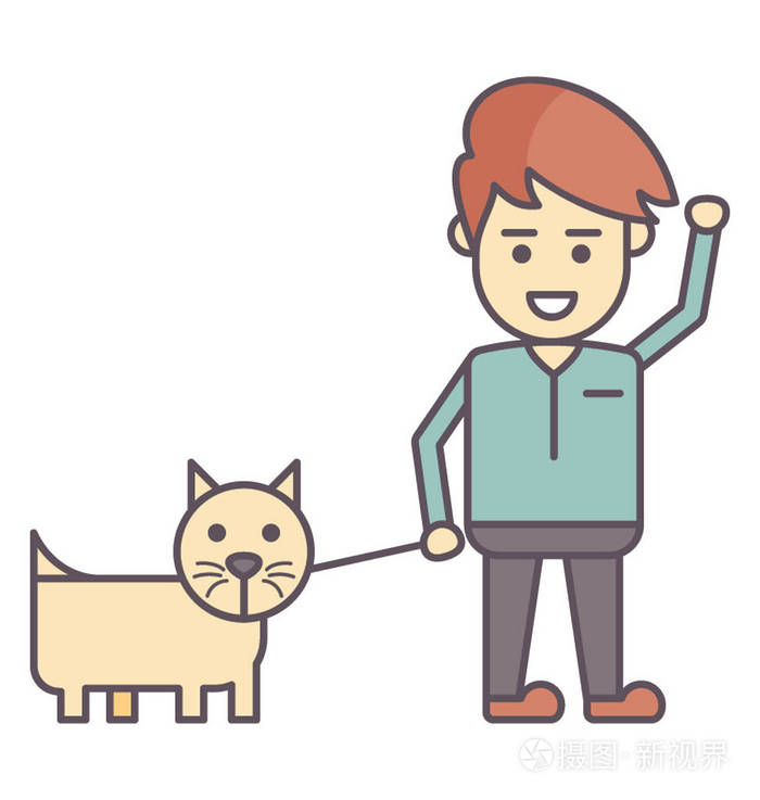 一个卡通人物和狗一起散步