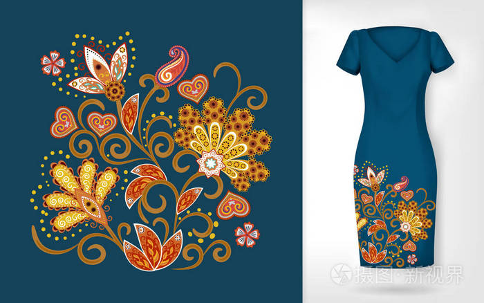 刺绣五颜六色的潮流花卉图案. 矢量传统观赏花卉图案上的服饰模拟.