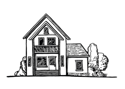 黑白树木房子白色背景上的小屋立面的黑白素描. 墨水手绘矢量插图.