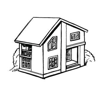 墨水手绘矢量插图. 两层有园林景观的房子照片
