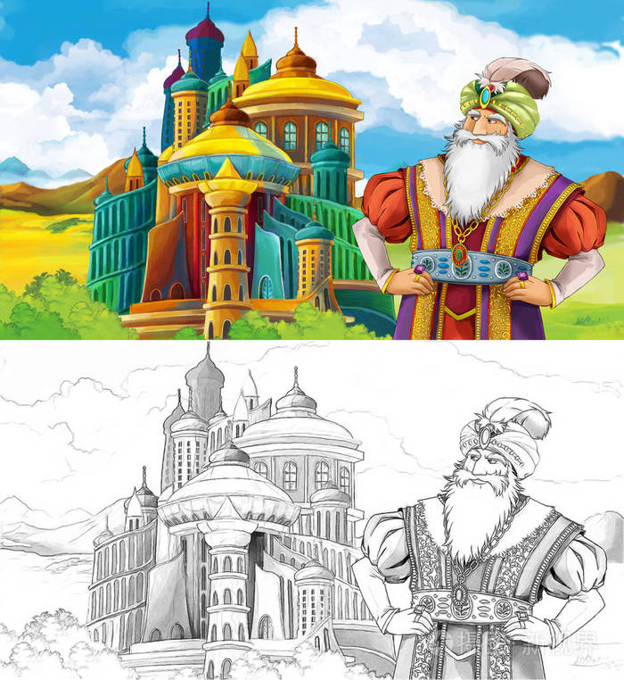 卡通场景,王子或国王在阿拉伯城堡附近旅行,为儿童提供插图