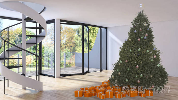 现代明亮的内部公寓客厅与圣诞树3D渲染插图计算机生成的图像