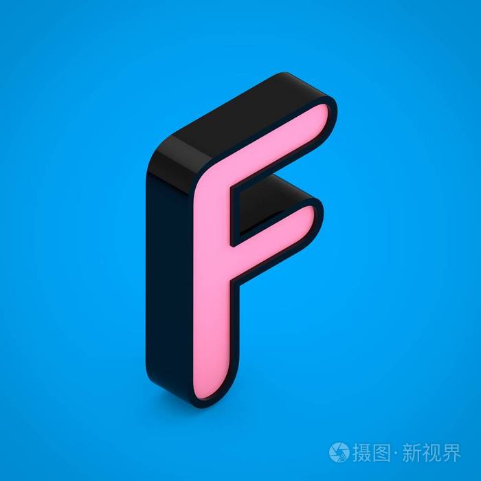 黑色字母f大写,粉红色霓虹灯. 三维渲染等距字体隔离在蓝色背景上.