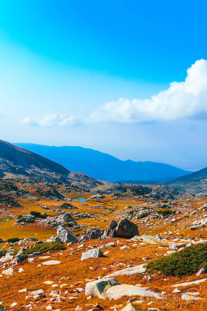 美丽的高山高山山峰蓝天背景令人惊叹的山地徒步天堂景观秋天黄草