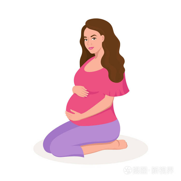 可爱的快乐怀孕妇女孤立在白色背景矢量平面插图