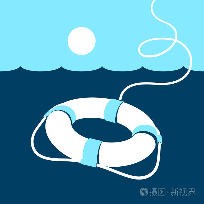 插画 环救生圈和海洋. 矢量图. 蓝色. 深蓝色. 白色的.eps