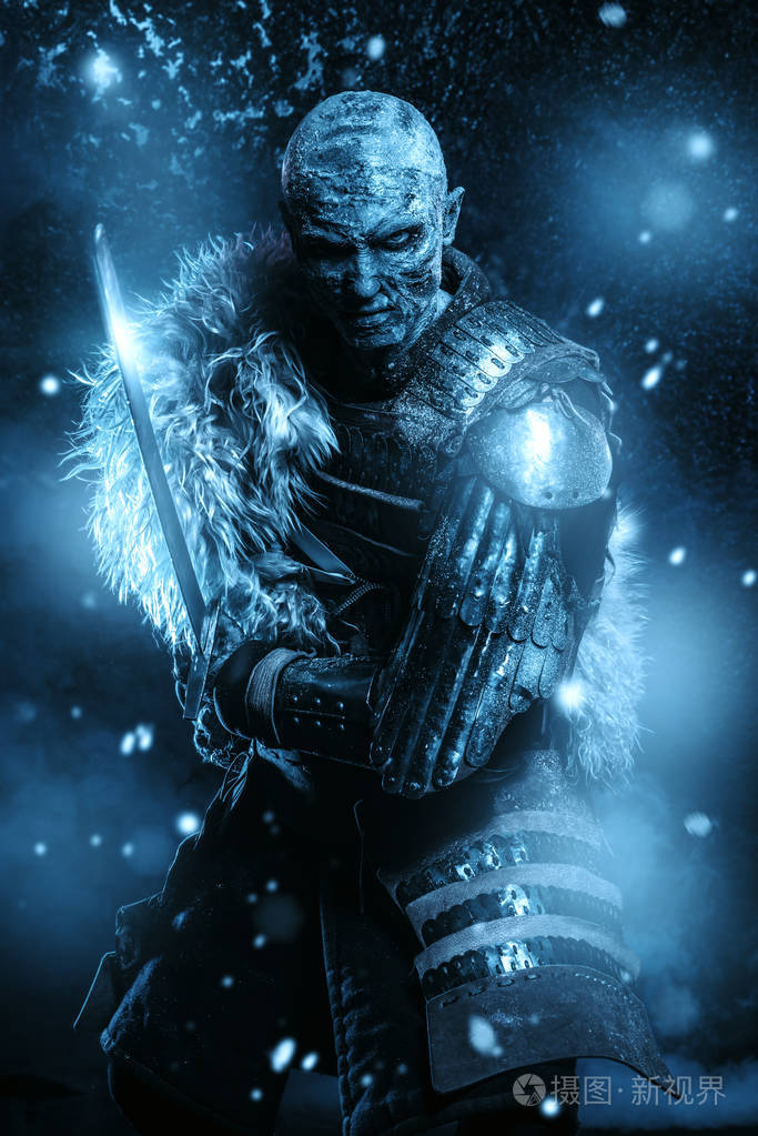 冻雪覆盖僵尸战士穿着中世纪骑士的盔甲.