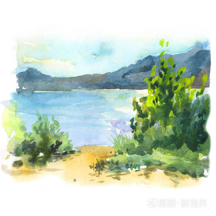 湖滨水彩画夏日风景用绿树蓝水沙山照片 正版商用图片1sfid9 摄图新视界 湖滨水彩画夏日风景用绿树蓝水沙山照片 正版商用图片1sfid9 摄图新视界