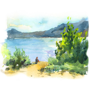 湖滨水彩画夏日风景用绿树蓝水沙山照片 正版商用图片1sfid9 摄图新视界