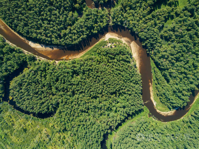 空中无人机在阳光明媚的日子里观看河流的弯曲和沙质的深层森林